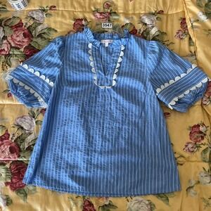 Blue Seersucker Scalloped Puff Sleeve Top XS Coastal Nautical Preppy Casual